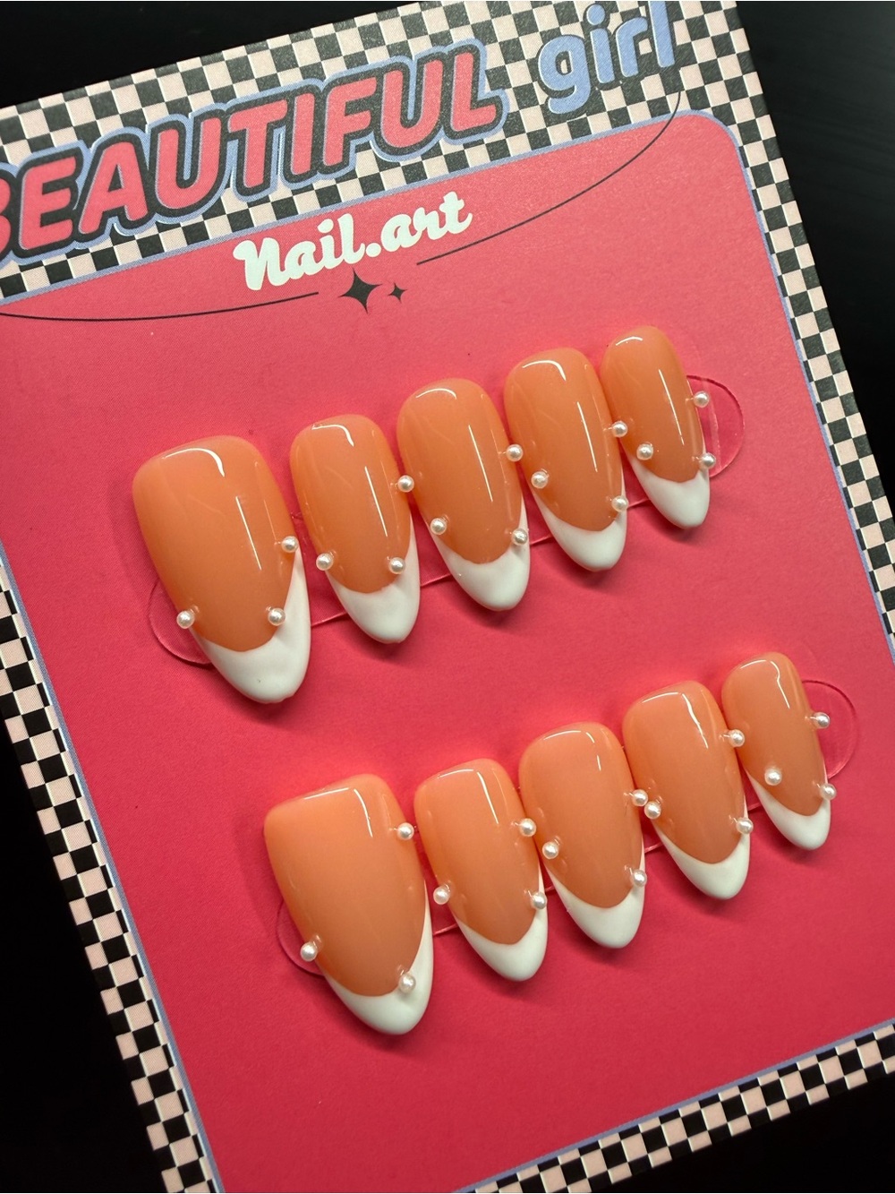 Classic French Tip Press-On Nails with Pearl Accents Small